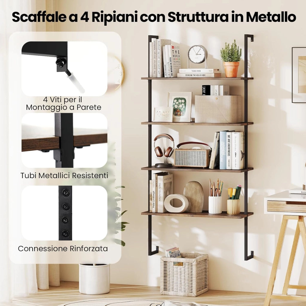 Libreria a Parete a 4 Livelli, Mensole Industriali con Struttura in Metallo, Libreria a Scaletta in Legno da Parete per Soggiorno, Cucina, Bar, Ufficio