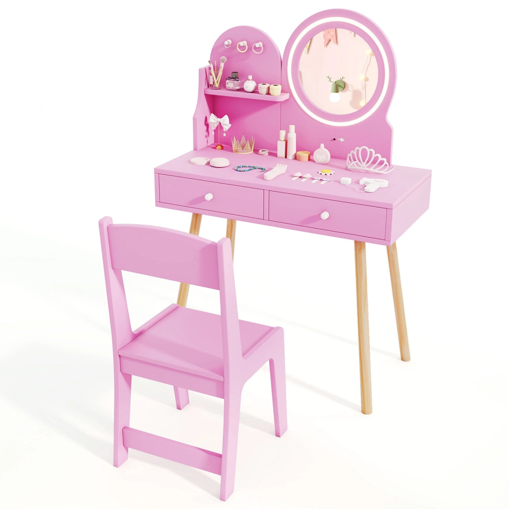 Set da trucco per bambini con specchio illuminato-Set da tavolo e sedia da principessa con ripiano aperto Rosa