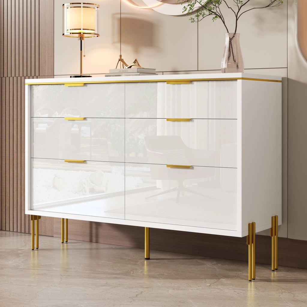 Credenza moderna 120 cm bianca e oro con 6 cassetti