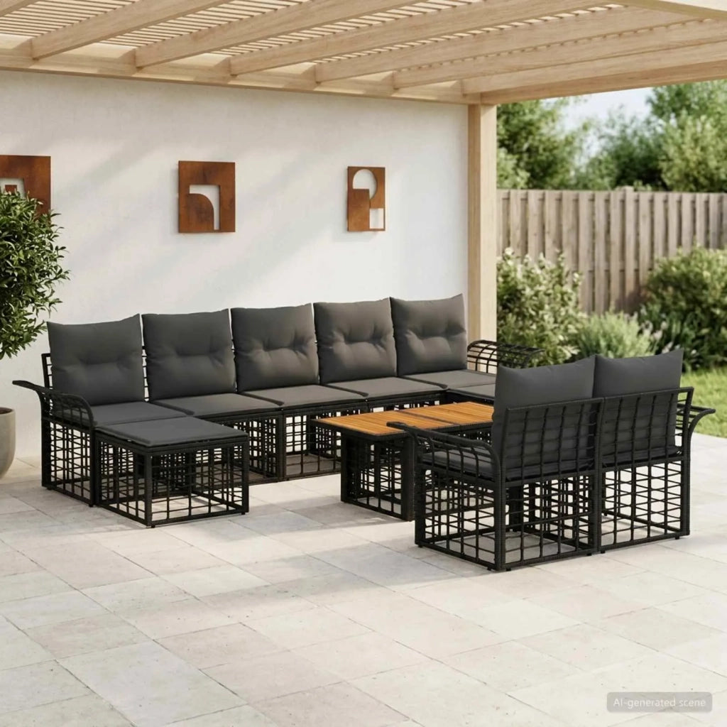 Set Divano da Giardino 10 pz Nero e Grigio scuro polyrattan 3438017