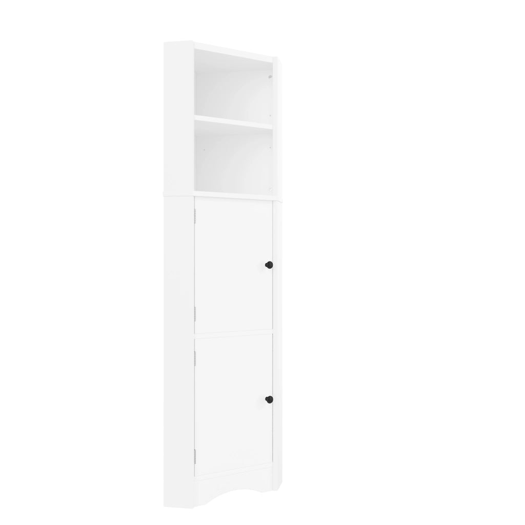 Mobile bagno angolare triangolare in MDF con finitura laccata, 2 ante, 2 ripiani aperti e divisori regolabili, bianco