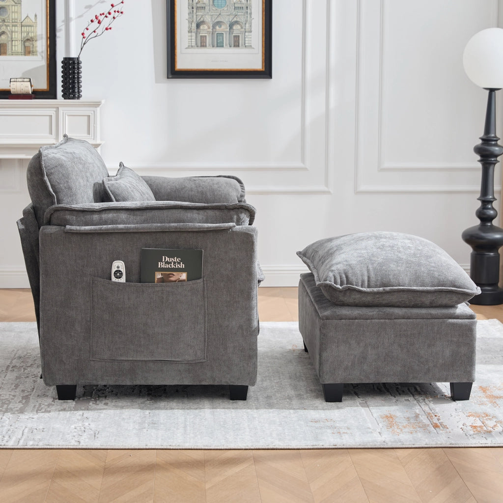 Poltrona con pouf contenitore e tasche laterali per salotto e camera, in ciniglia, Grigio