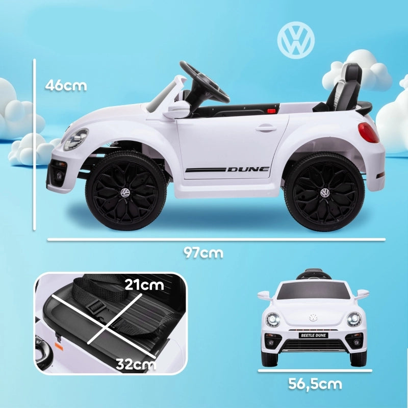Macchina elettrica per bambini, modello Maggiolino VW, velocit¨¤ 3-5 km/h, con telecomando e musica, colore bianco.