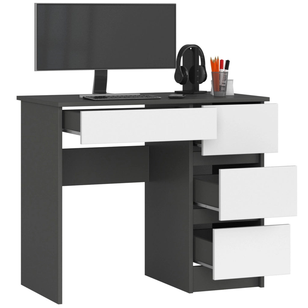 Scrivania per computer AKORD A7 Grigio Grafite 90 cm 4 cassetti inserto frontale Bianco 90x50x77 cm Modello a destra