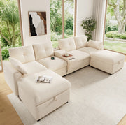 Divano angolare modulare con 2 pouf contenitore e console USB Type-C 316x140x84;5 cm ciniglia beige
