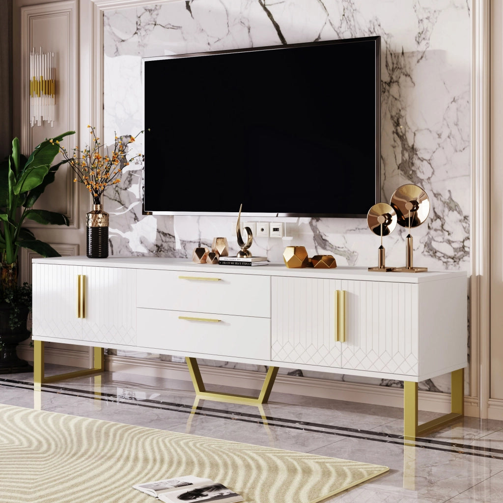 Mobile TV con 4 Ante; 2 Cassetti e Passacavi; Bianco Lucido; Piedini Dorati; 170¡Á40¡Á53;5 cm; in MDF; Bianco