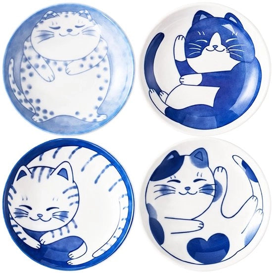 Ciotole per gatto 4 pezzi - Ciotole in ceramica per condimento - Ciotole per salsina di soia giapponese - Ciotole mini 10 cm - Prodotto unico con disegno di gatto - Ciotole multifunzionali