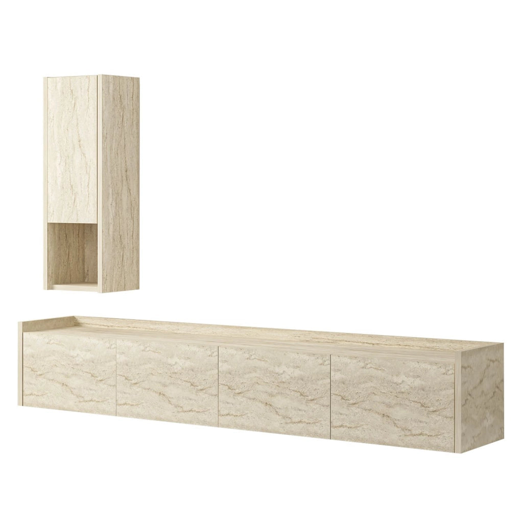 Porta TV in legno "Sema" con mensola a muro - 160 x 30 x 35 cm - Travertino