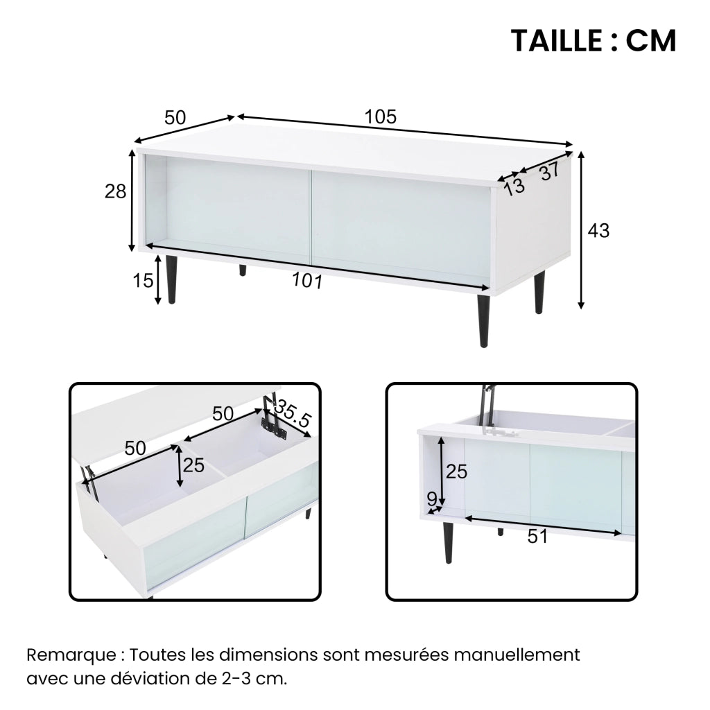 Tavolino da caffè alzabile con LED e vani contenitore - per soggiorno - 105×50×43 cm - bianco
