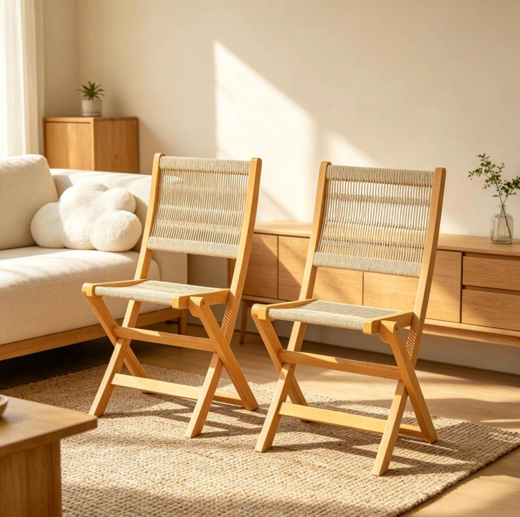 Set 2 sedie da giardino pieghevoli in legno di acacia e corda PP; beige e naturale
