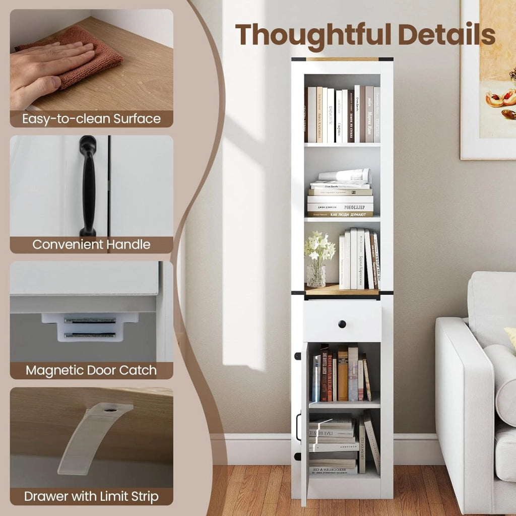Mobile bagno, colonna bagno con cassetto scorrevole, ripiano regolabile e 3 scomparti aperti, armadio portaoggetti stretto per soggiorno, lavanderia, cucina, bianco