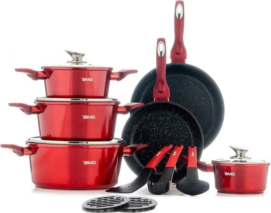 Set di pentole - Cucina elettrica - Set di pentole da cucina - Padella - Padella - Pentola a vapore - Copertura in vetro - Accessori da cucina - Sottopentole - Smalto in marmo - Resistenti al lavastoviglie - Set di pentole rosse