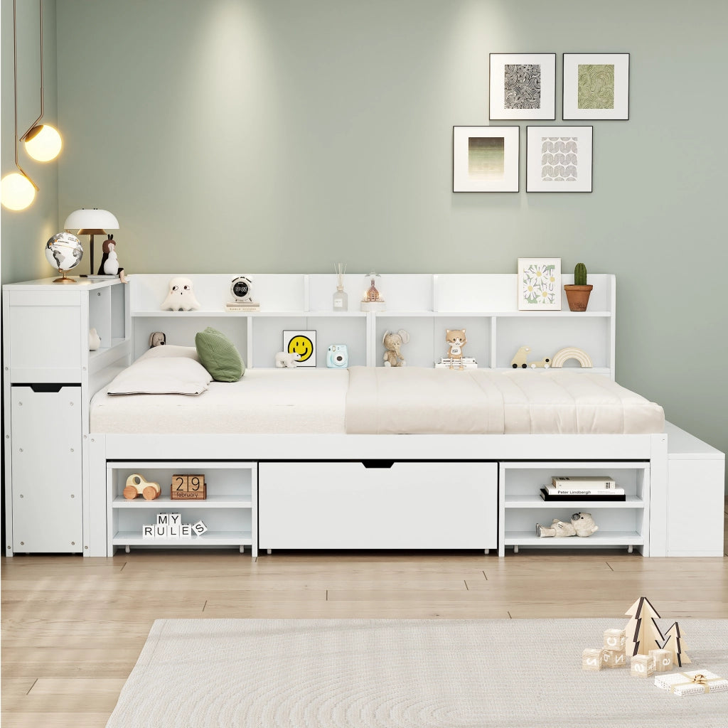 OKWISH Letto Bambini 140×200 cm, Letto Singolo con 1 Cassetto, Libreria e Armadietti, senza Materasso, in Multistrato, Bianco