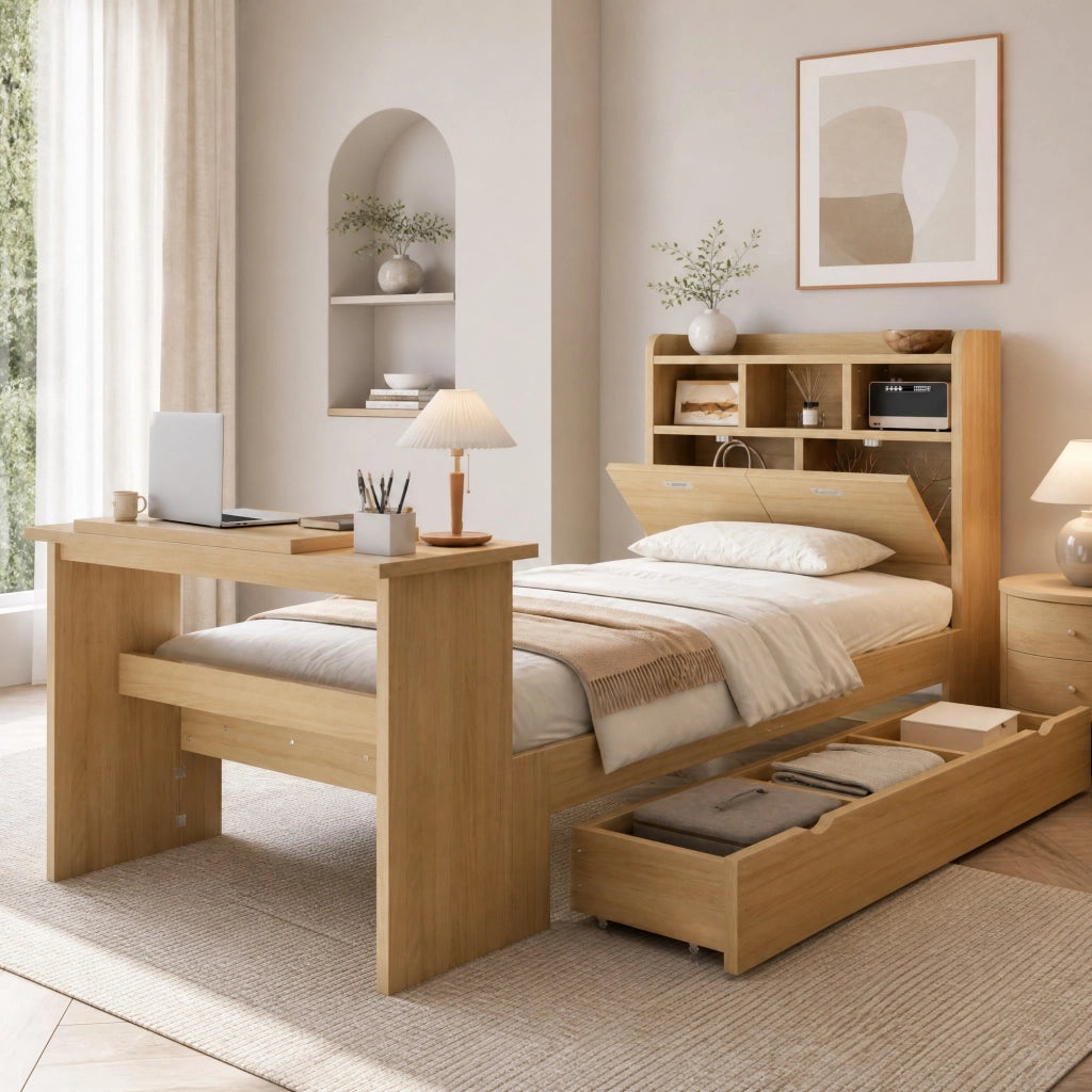 Letto singolo multifunzione con contenitore e tavolino pieghevole