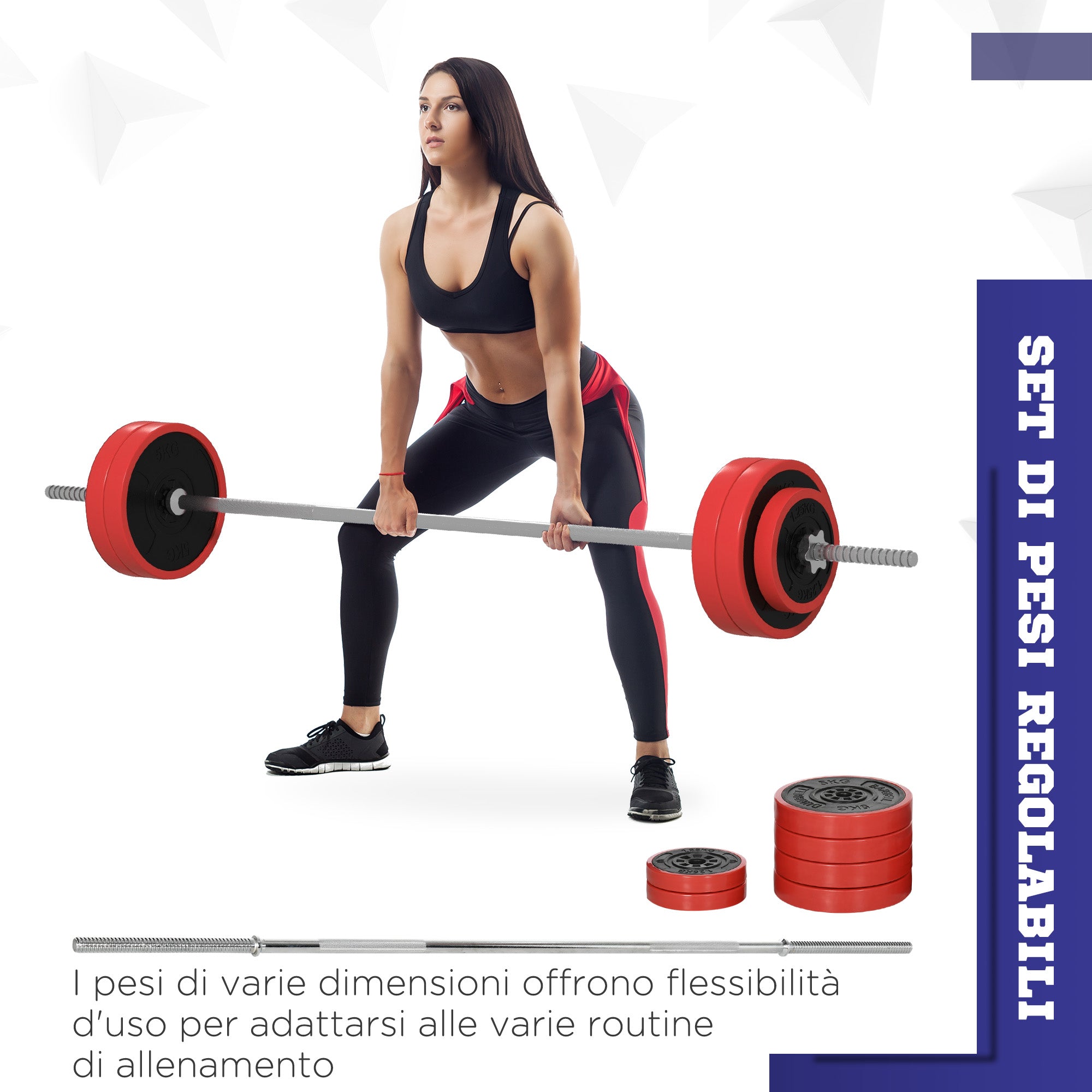 Set Bilanciere e Dischi da 30Kg Totali con 6 Pesi e 2 Dadi in Acciaio Rosso