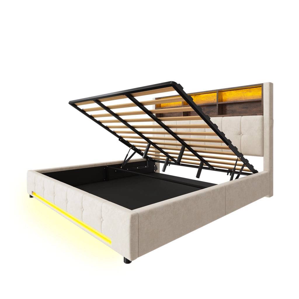 DESMIU Letto Contenitore 180 × 200 cm 2 posti con 6 vani, tasche, USB-C e LED, senza materasso