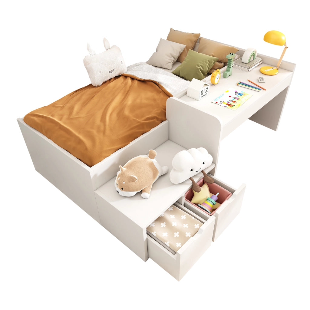 Letto per bambini 90x200 cm con scrivania e 2 cassetti, in legno massello e MDF, bianco