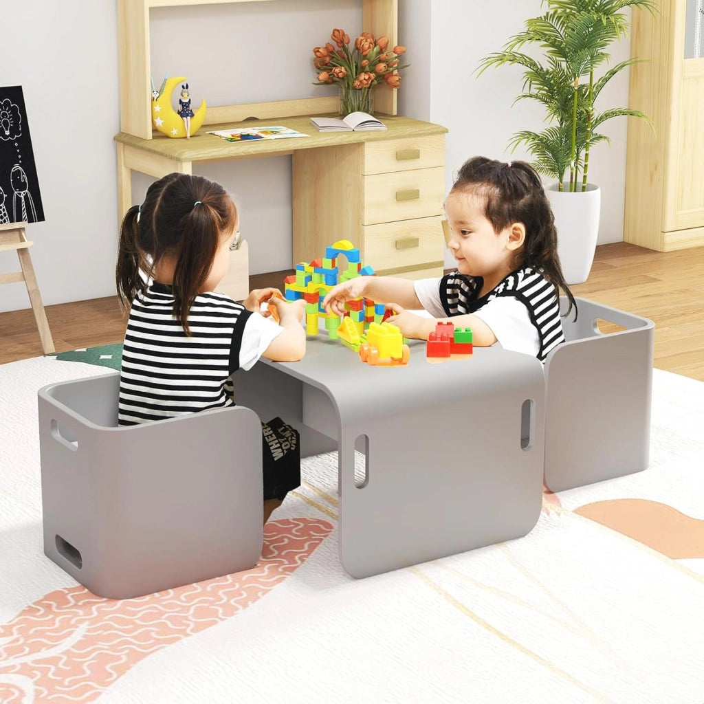 COSTWAY Set Tavolo e 2 Sedie per Bambini 2-9 Anni, Set Multiuso in Legno di Faggio con Maniglie Ergonomiche, Design Salvaspazio, Senza Montaggio, Portata 100 kg (Grigio)