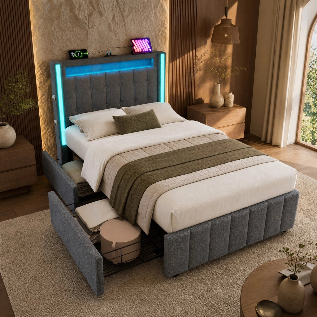 LETTO Singolo 90x200 cm in Lino Grigio con USB Type-C, LED e 2 Cassetti