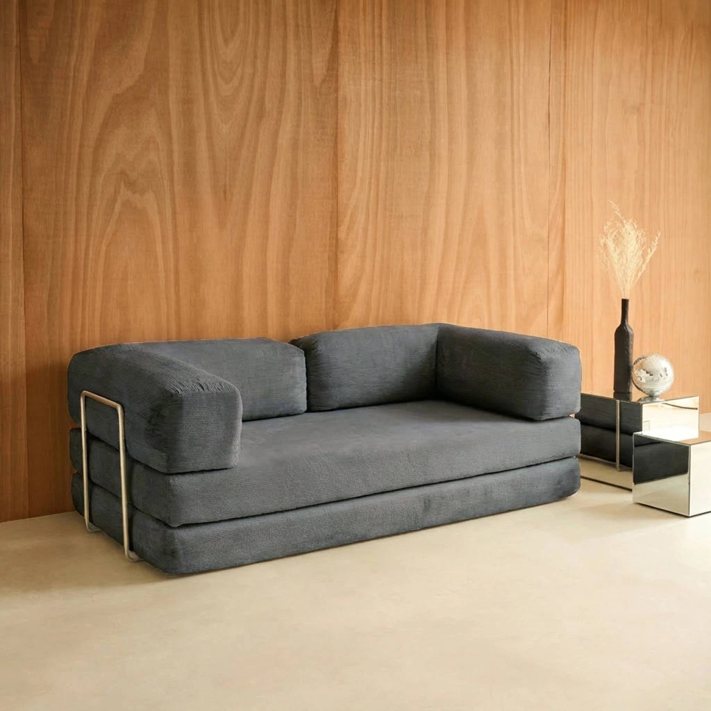 Divano letto futon in velluto a coste e struttura cromata, grigio