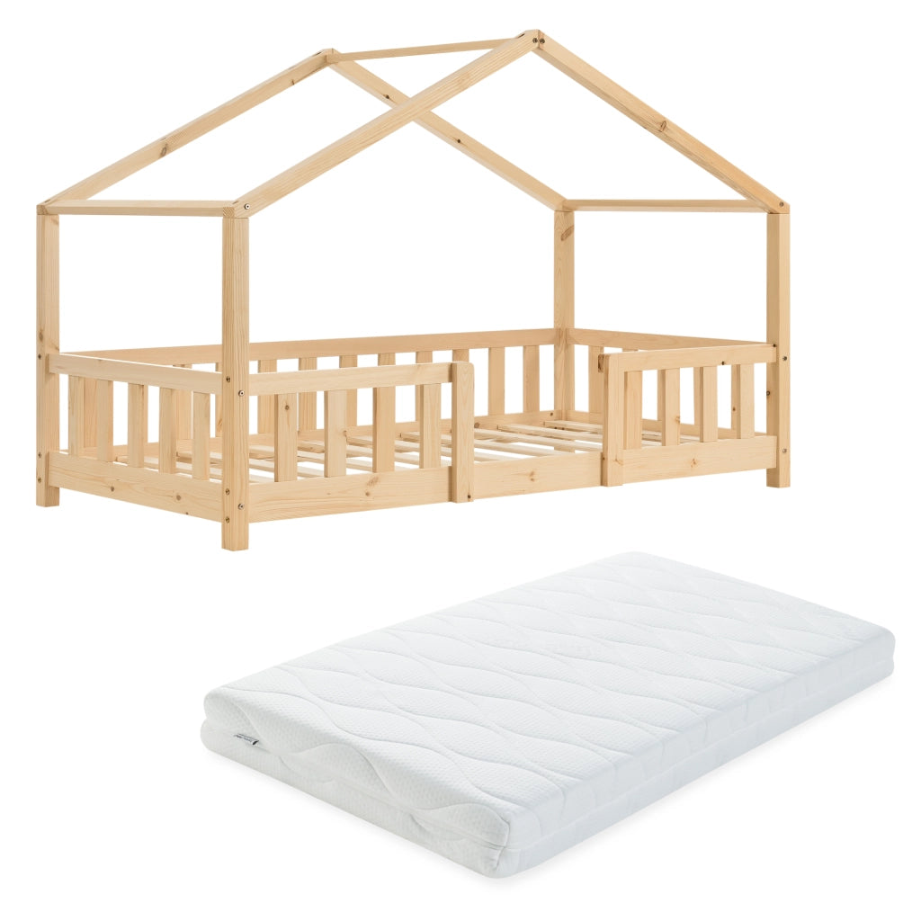 Letto per Cameretta Treviolo a Forma di Casetta in Stile Montessori con Materasso 80x160 cm - Color Naturale [en.casa]