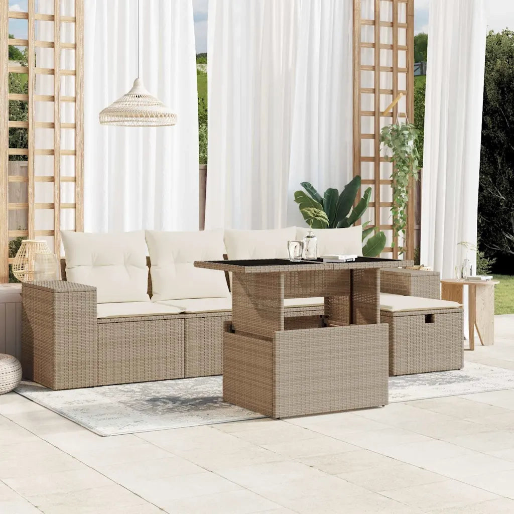 Set Divano da Giardino 6 pz con Cuscini Beige in Polyrattan