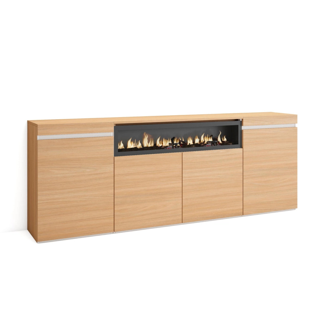 Credenza, Mobile, Cucina, 200x75x35cm, 4 Porte, Camino elettrico, Rovere soft e bianco