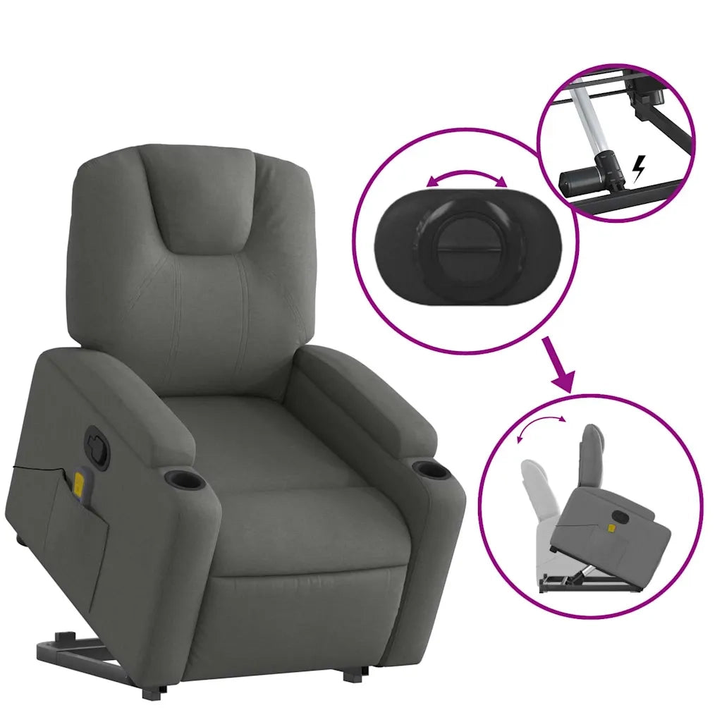 Poltrona | Sedia Relax Alzapersona Massaggi Reclinabile Grigio Scuro Tessuto