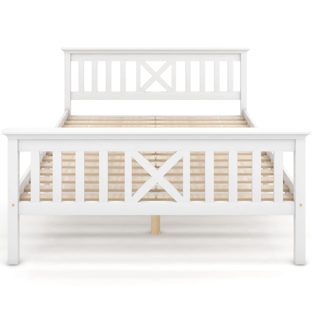 Letto matrimoniale 140x200 cm con testiera a X e doghe incluse; in legno massello bianco