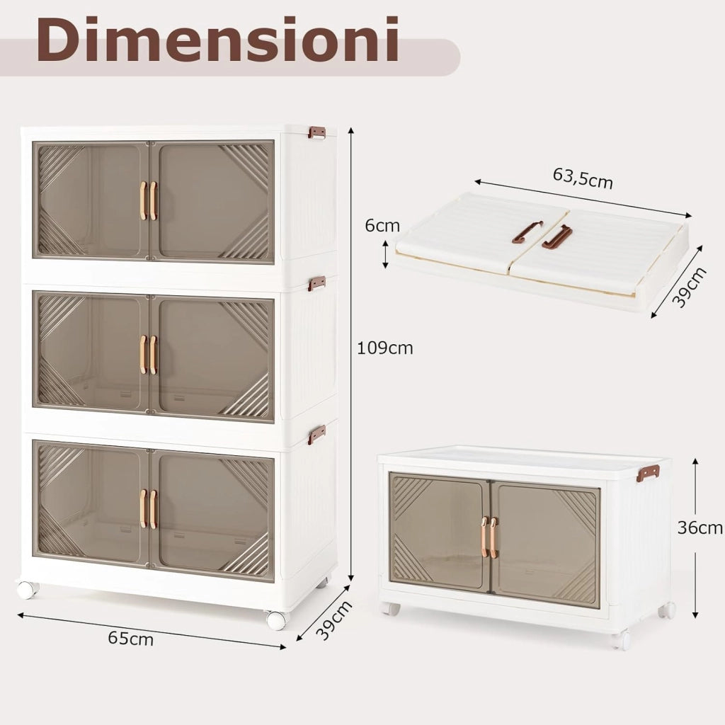 Contenitori da Stoccaggio Pieghevoli con Coperchio da 213/284 L, Scatole Impilabili a 3/4 Piani con Ruote, Organizzatore Pieghevole con Porte per Camera da Letto Soggiorno (65 x 39 x 109 cm)