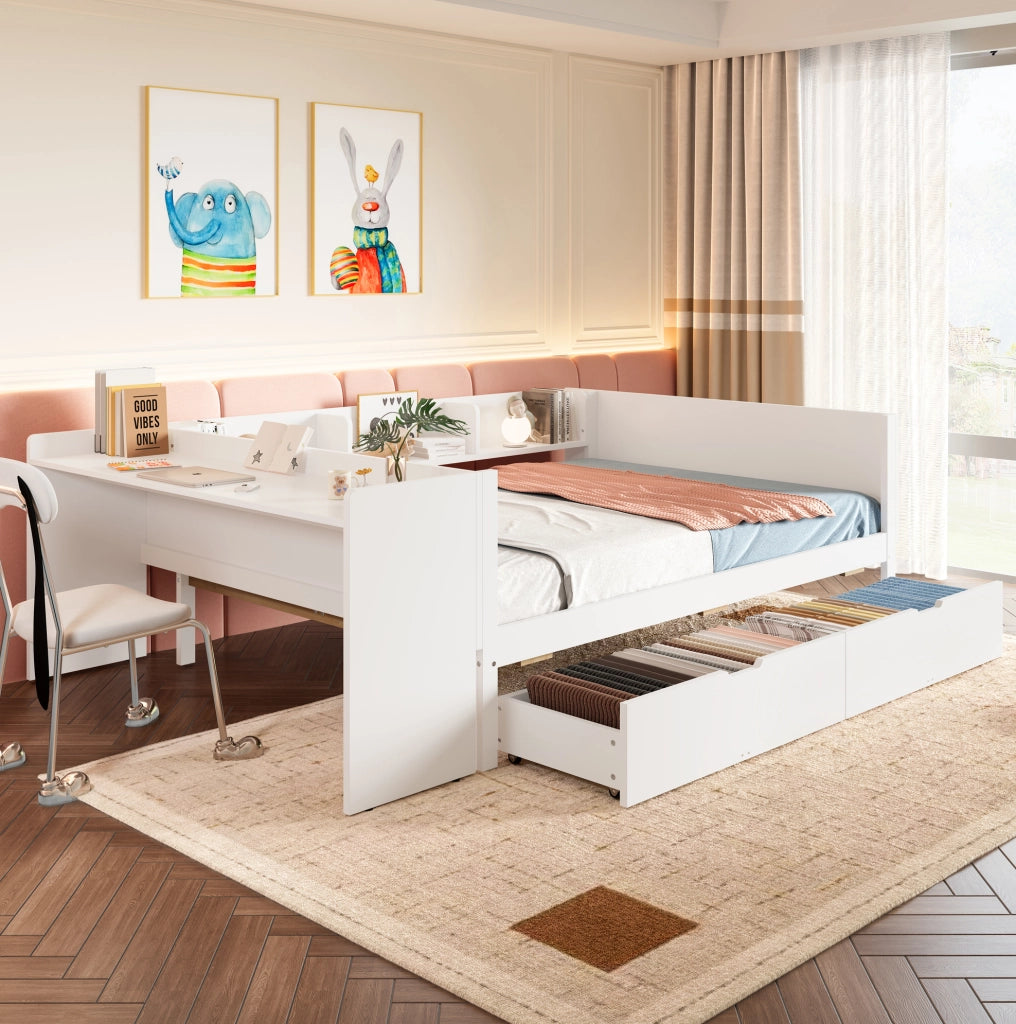Letto matrimoniale con scrivania ULEVR 140x200 cm, 2 cassetti e 3 ripiani, bianco