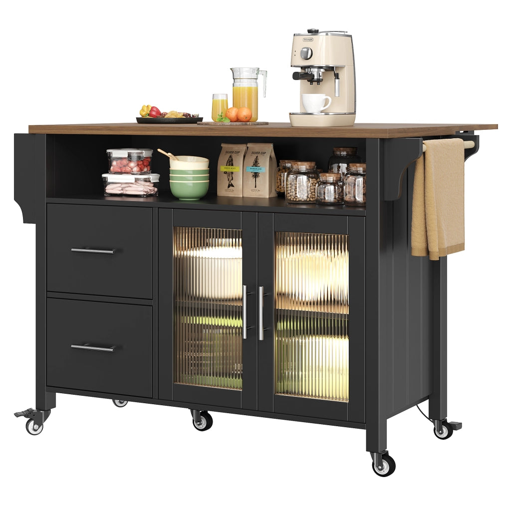 Credenza da cucina con 2 cassetti; ripiani regolabili e LED - per cucina - in MDF - nero