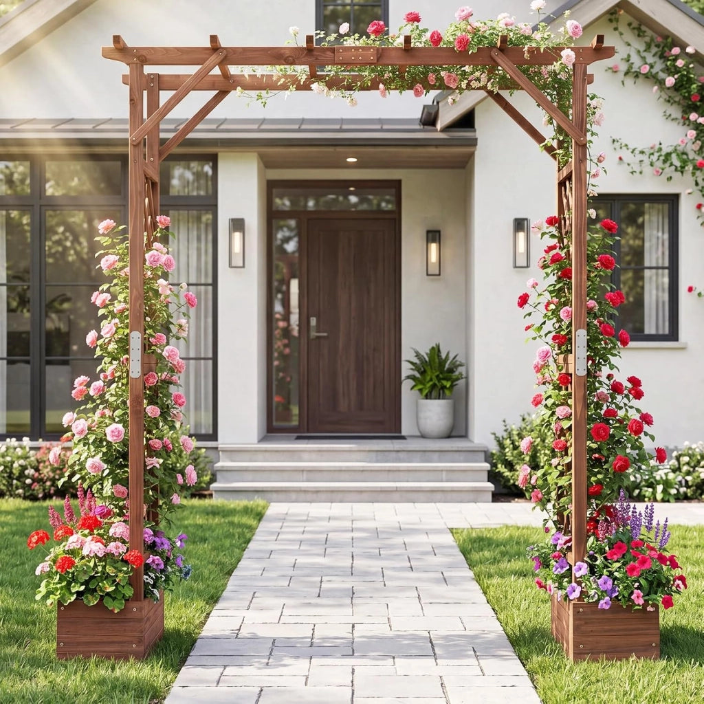 Arco da Giardino con 2 Fioriere, Pergola Esterno per Rampicanti | Pergolato Decorativo in Legno con 2 Grigliati e Tettuccio, per Matrimonio e Feste, 208 x 55 x 220 cm