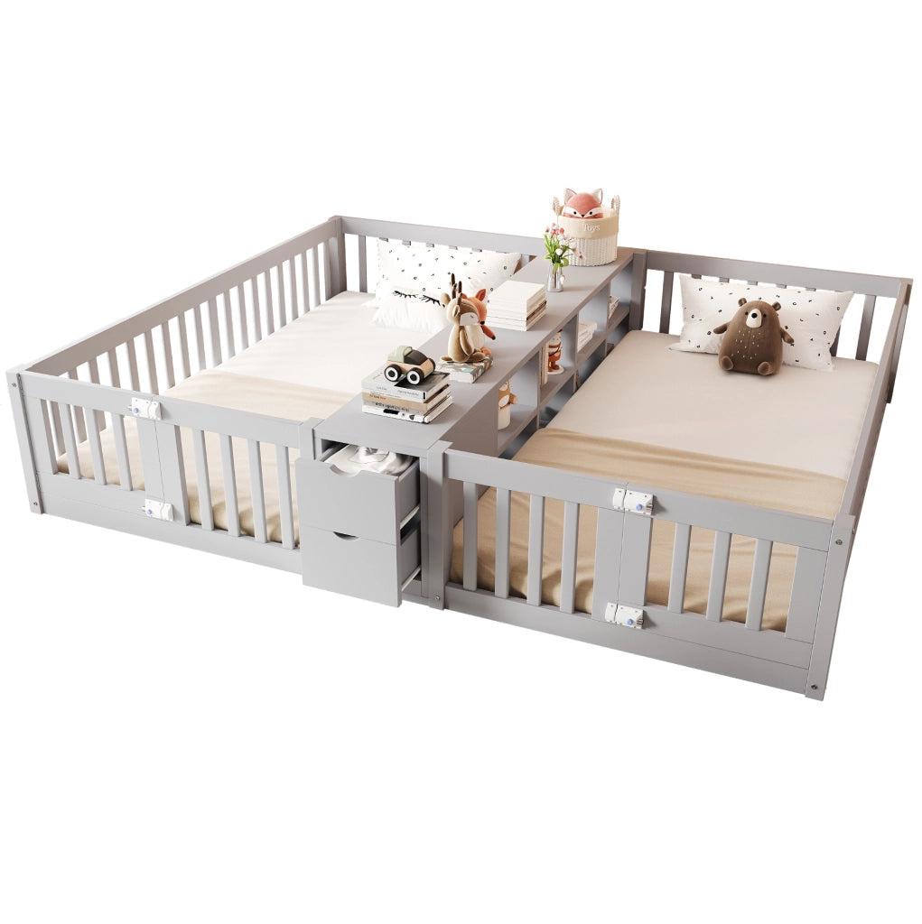 Letto multifunzione per bambini 90x200 cm con 2 posti, cassetti e libreria grigio