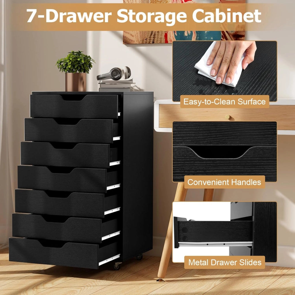 Cassettiera Ufficio con 7 Cassetti, Cassettiera Scrivania con 4 Ruote Bloccabili, Schedario Portadocumenti in Legno, per Stampante per Studio, Camera da Letto, 49 x 40 x 87 cm (Nero)