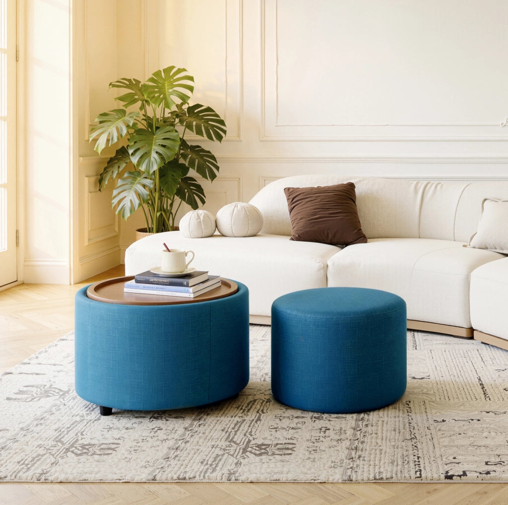 Set di 2 pouf contenitore blu con vassoio in legno