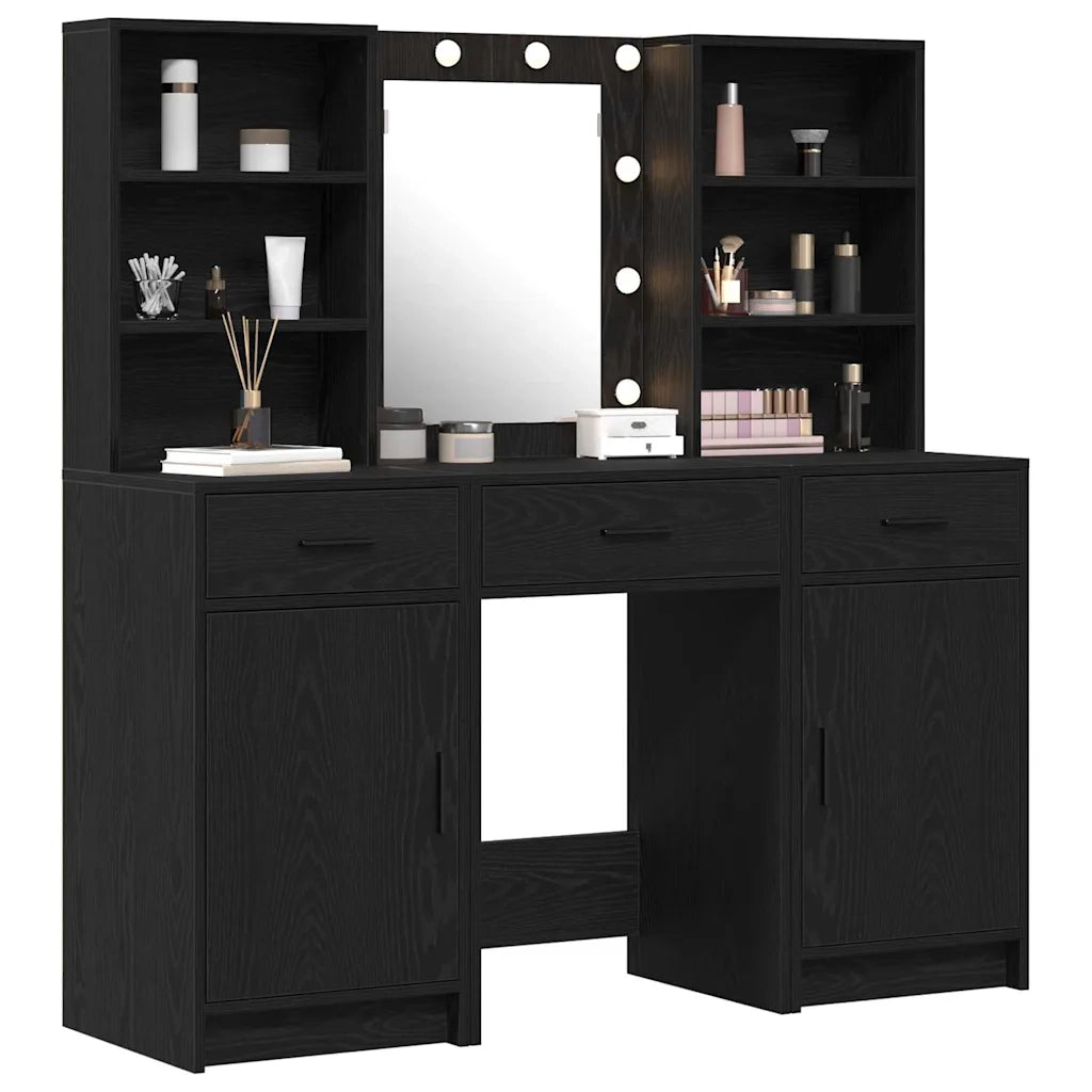 Set da tavolo da trucco con LED con cassetto 3 pcs Rovere Nero 3334291