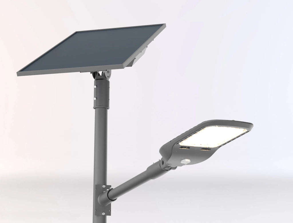 FARO SOLARE STRADALE LED IPERION SILVER 50W 13500LM 4000K PANNELLO SOLARE IP66 82,06X9,9X28CM SENSORI MOVIMENTO E CREPUSCOLARE