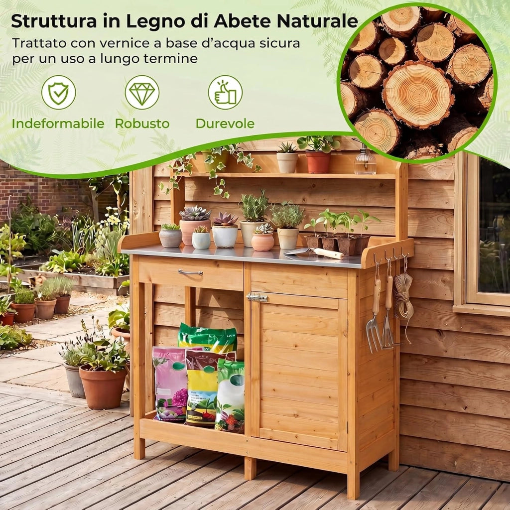 Tavolo da Giardinaggio in Legno con Piano in Acciaio (Legno) | Tavolo per Piante con Ripiani Aperti, Armadietto, Cassetto e 3 Ganci, Banco da Lavoro per Giardino e Balcone, 112x46,5x125 cm