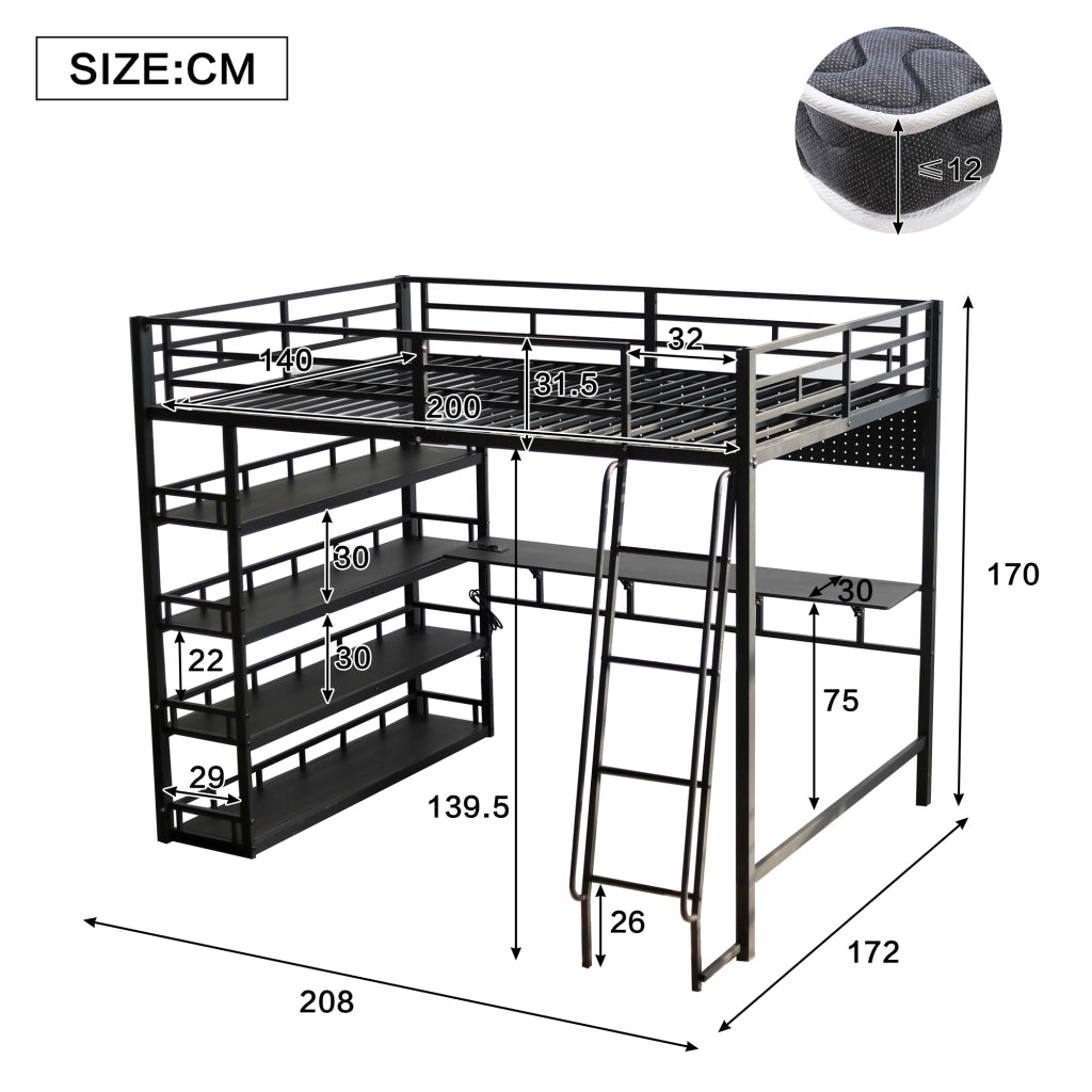 OKWISH Letto a soppalco 140×200 cm, Letto Matrimoniale con Mensole, Porta di Ricarica e Scala Inclinata, senza Materasso, Nero