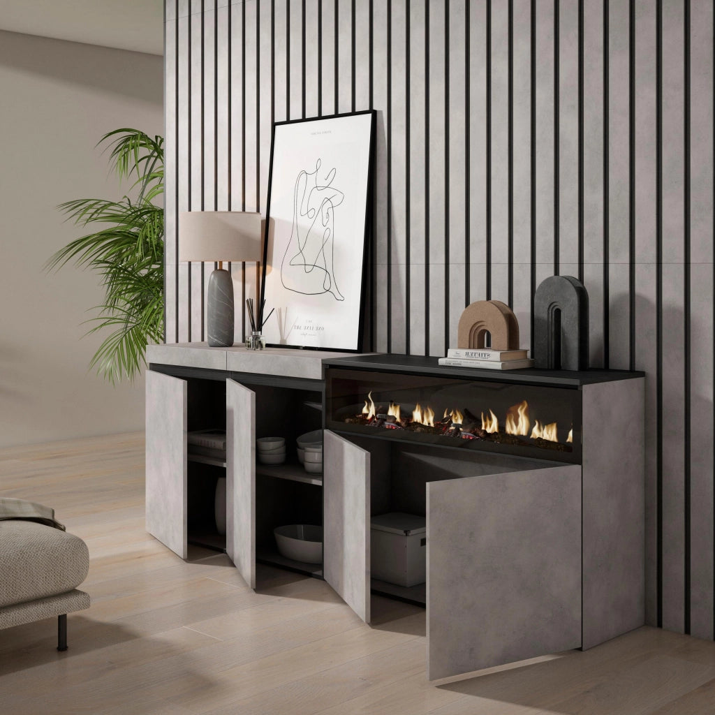 Credenza, Mobile, 200x35x75cm, 4 Porte, Camino elettrico, grigio cemento RF2373