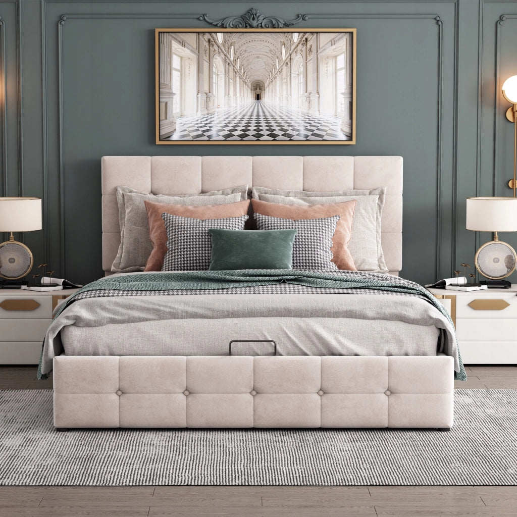 Letto imbottito 140x200 - Xylo - Colore crema bianco, con contenitore idraulico