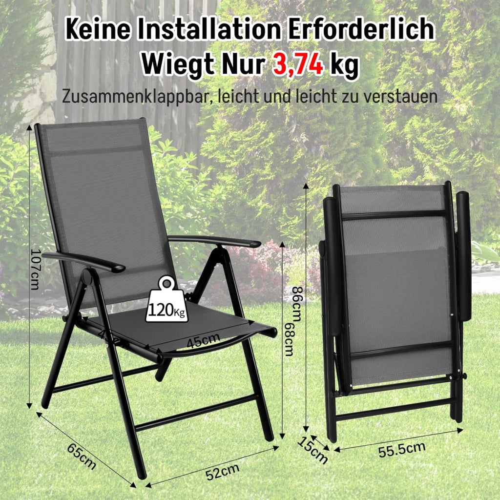 Sedie da Giardino Pieghevoli con Schienale Alto, Regolabile in 7 Posizioni,Sedie da Esterno Alluminio,Resistente alle Intemperie，Poltrone da Giardino, Max Portata 120 kg,2 pezzi, Grigio