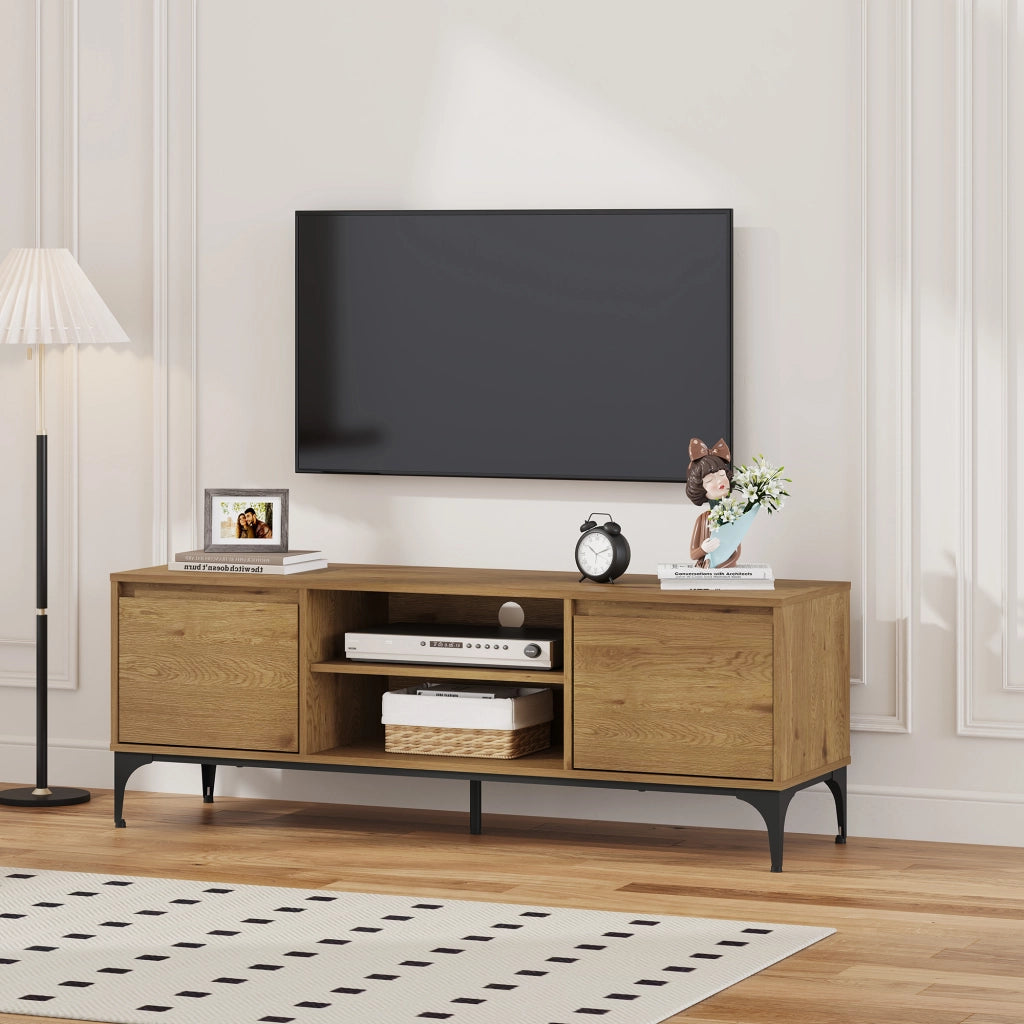 Mobile Porta TV Kistiandi a Vani Aperti e Chiusi con Ante 140 x 40 x 50 cm - Effetto Rovere Scuro [en.casa]