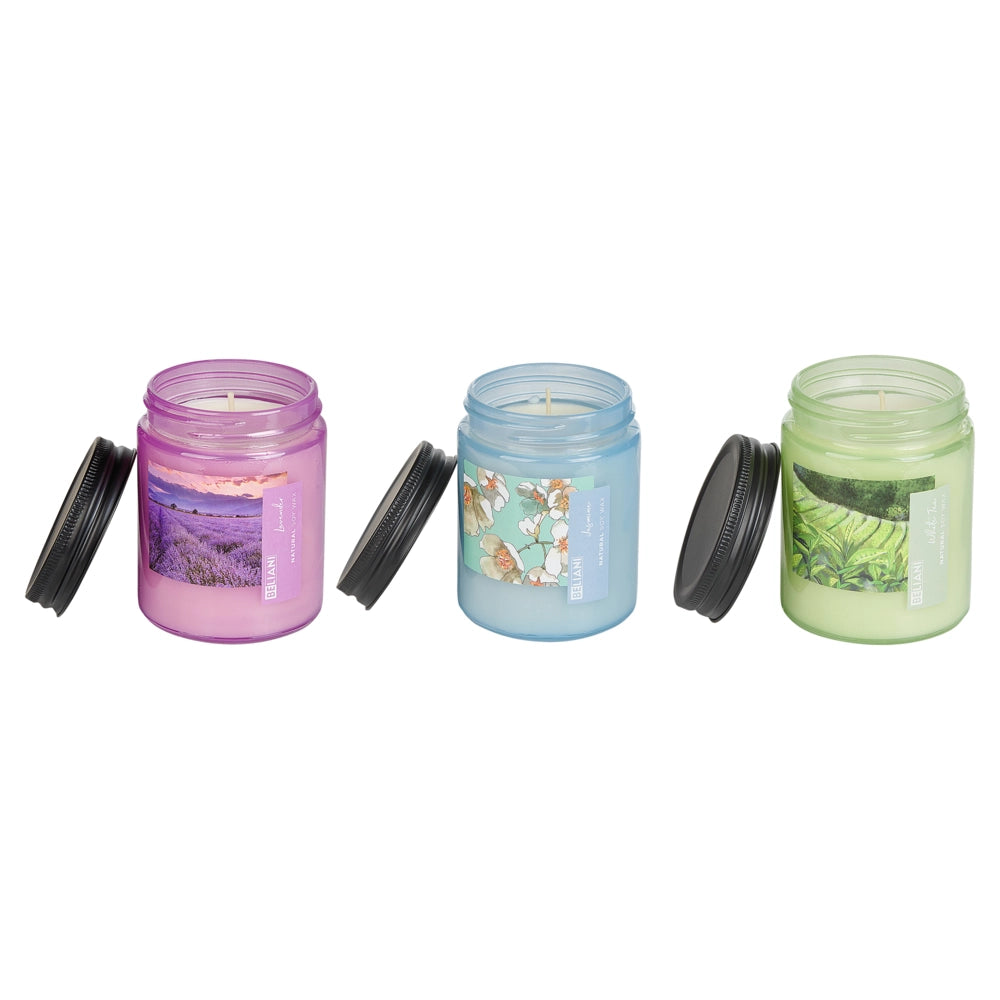 Set di 3 candele profumate multicolore 100% cera di soia stoppino di cotone vetro fragranza tè lavanda gelsomino