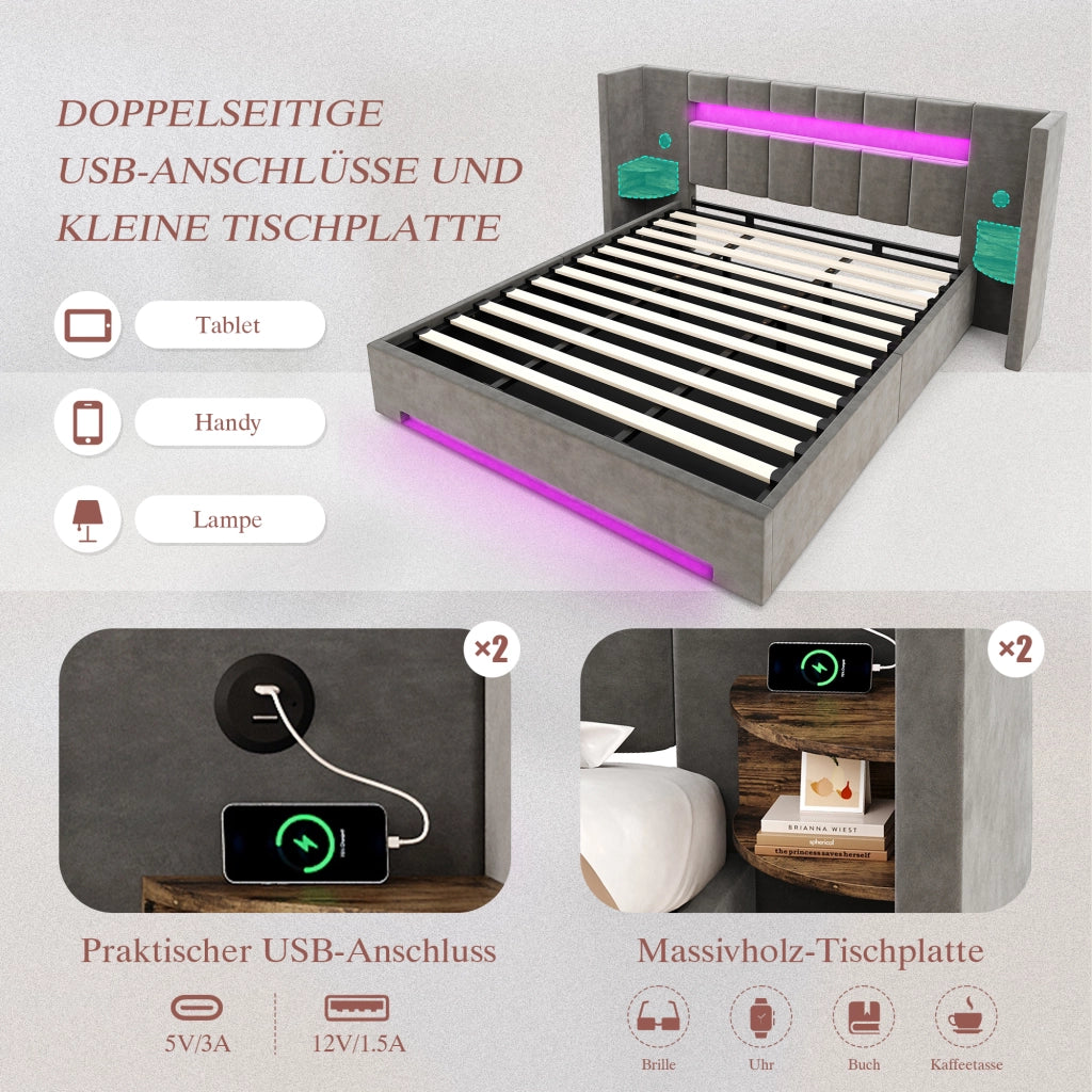 LETTO imbottito 180x200 cm in velluto grigio scuro con USB, LED e contenitore