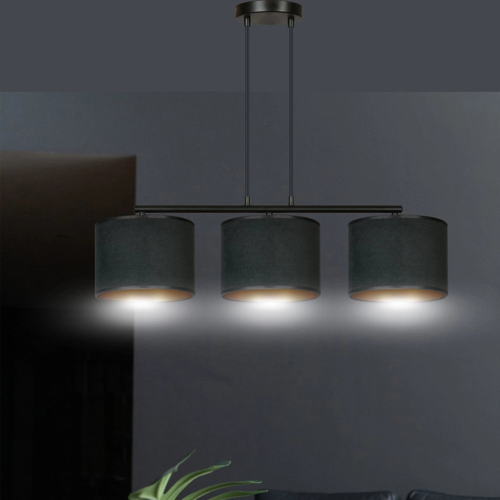 Lampada a sospensione HILDE a tre luci in acciaio e velluto nero