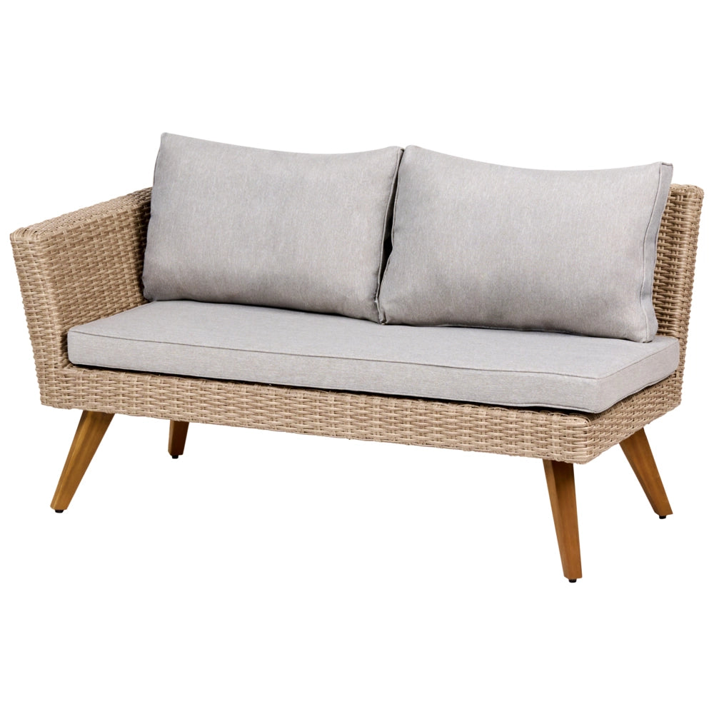 Set da giardino in rattan PE chiaro, divano angolare a 6 posti con cuscini grigi e tavolino da caffè, stile country per esterni