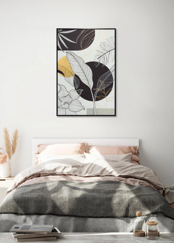 Quadro Hispanohogar in poliestere foglie nero bianco e dorato 92x62