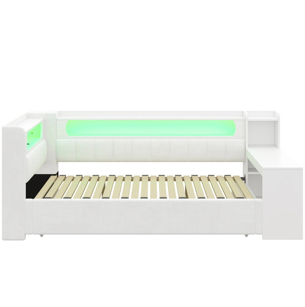 Divano Letto Imbottito Bianco 90x200 cm con Letto Estraibile 180x200 cm, USB, LED e Scrivania Integrata